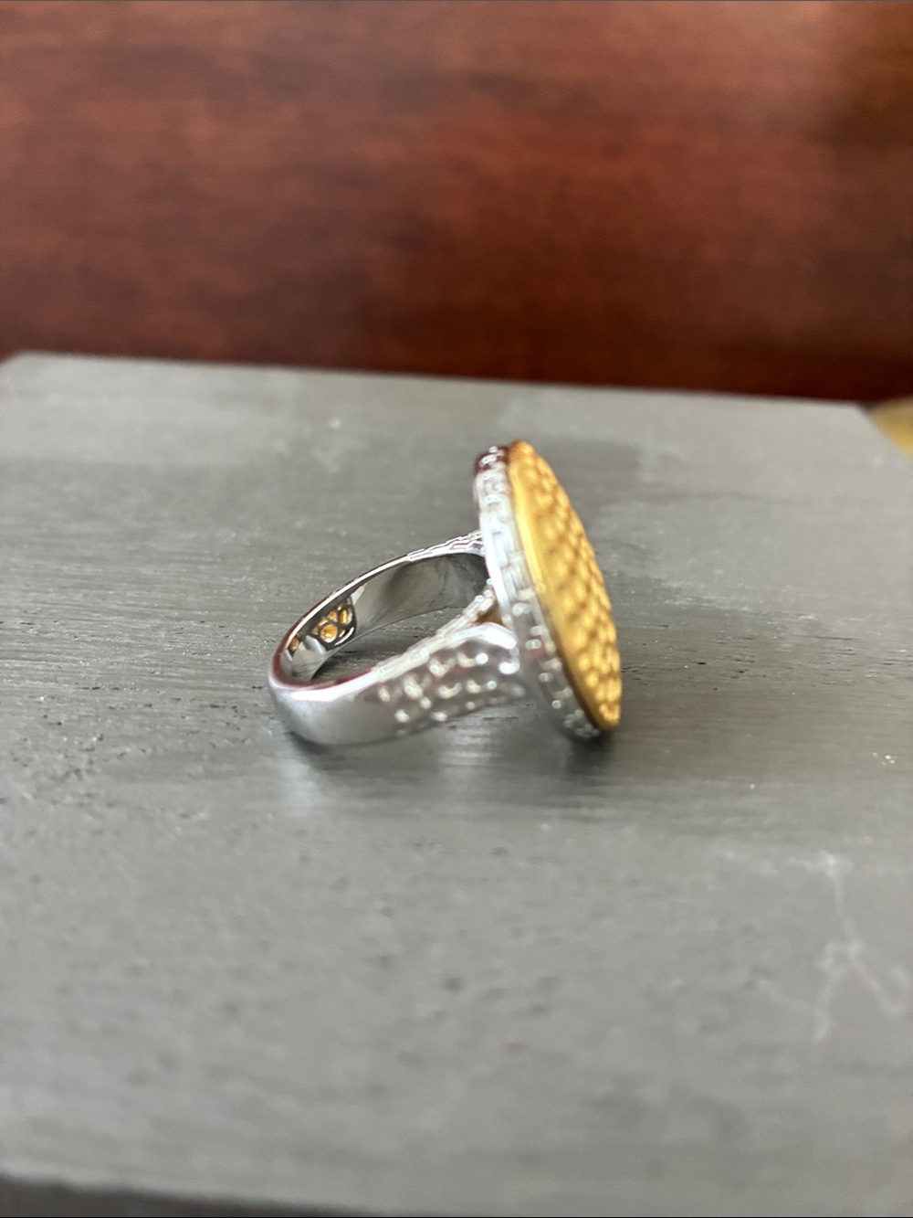 Park Lane ‘Gilded’ Textured Round Gold Tone Statement Ring - Picture 5 of 6